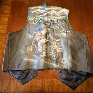 Vtg Leather Gallery Biker Vest Size 50 (3XL) Custom Airbrush "Live Free Ride"